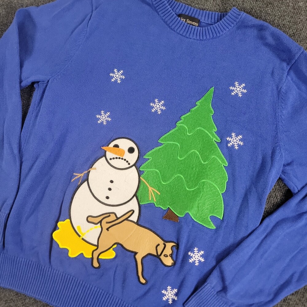 Alex Stevens Mens Holiday Sweater L Dog Peeing Snowman Funny Holiday Christmas